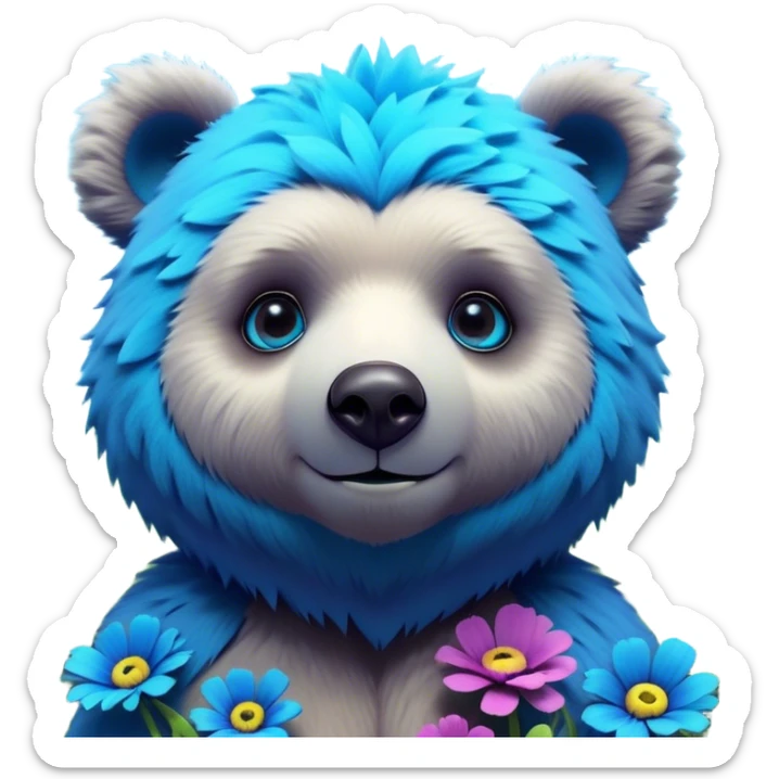 3D, adorable little Pixar style blue neon punk bear in a field of flowers, ultra detailed, each lash, eye, and strand of fur is shown in stunning detail as though captured in a timeless photograph, rich textures, visually rich, so lifelike it feels like it could leap off the page at any moment sticker
