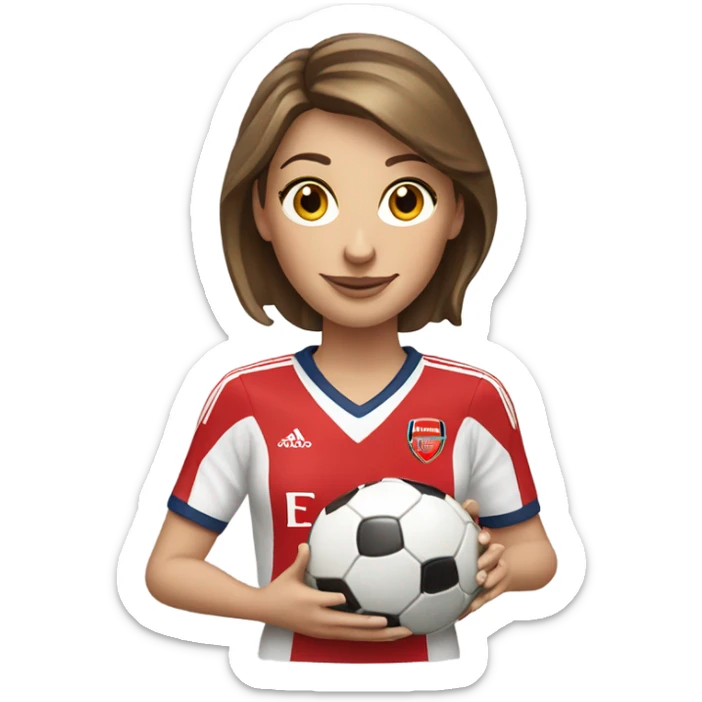 Pretty white woman with short brown hair holding a soccer ball and wearing an Arsenal jersey sticker