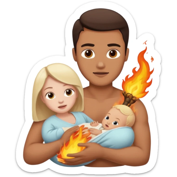  woman being burned in front of a very handsome man who carries a baby sticker