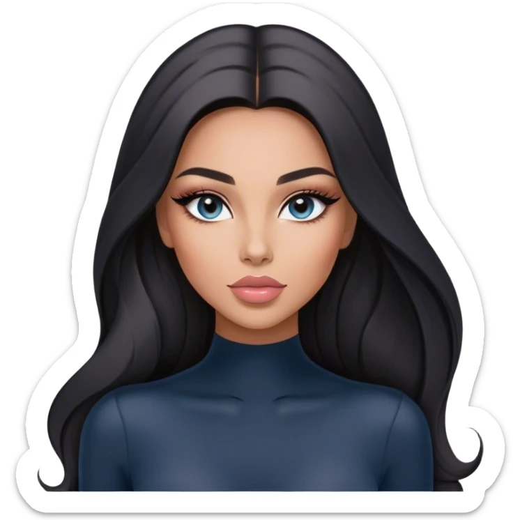 Glamours, tanned, very beautiful girl, with big pump peach-beige-rose lips, long long lashes, black straight smooth silky long hair, straight parting hair, blue-grey eyes in black long-sleeves bodysuit sticker
