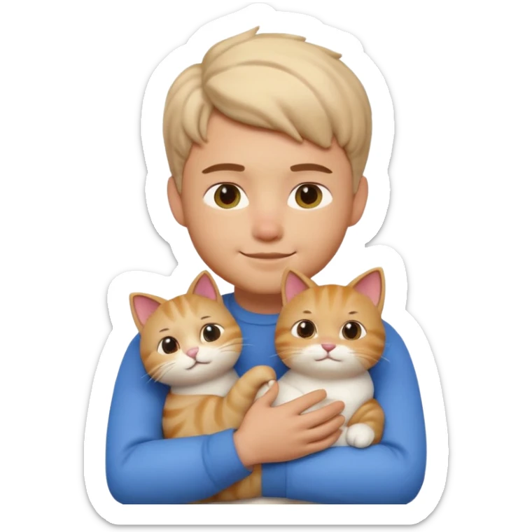 "Apple Memoji style 3D character, a young man person gently petting and hugging a cute fluffy cat, peaceful and happy facial expressions, soft studio lighting, clean 3D clay render, vibrant colors, minimalist aesthetic, high detail, high resolution, isolated on a plain white background." sticker