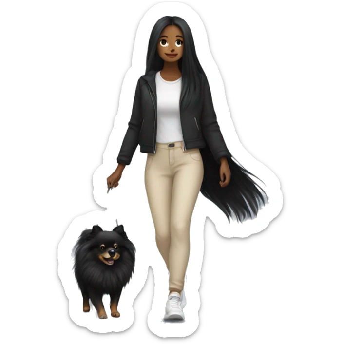 pale girl with long black hair wearing black pants walking with pomeranian sticker