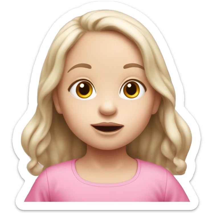 White skinned baby girl with long hair wearing pink clothes eating sticker