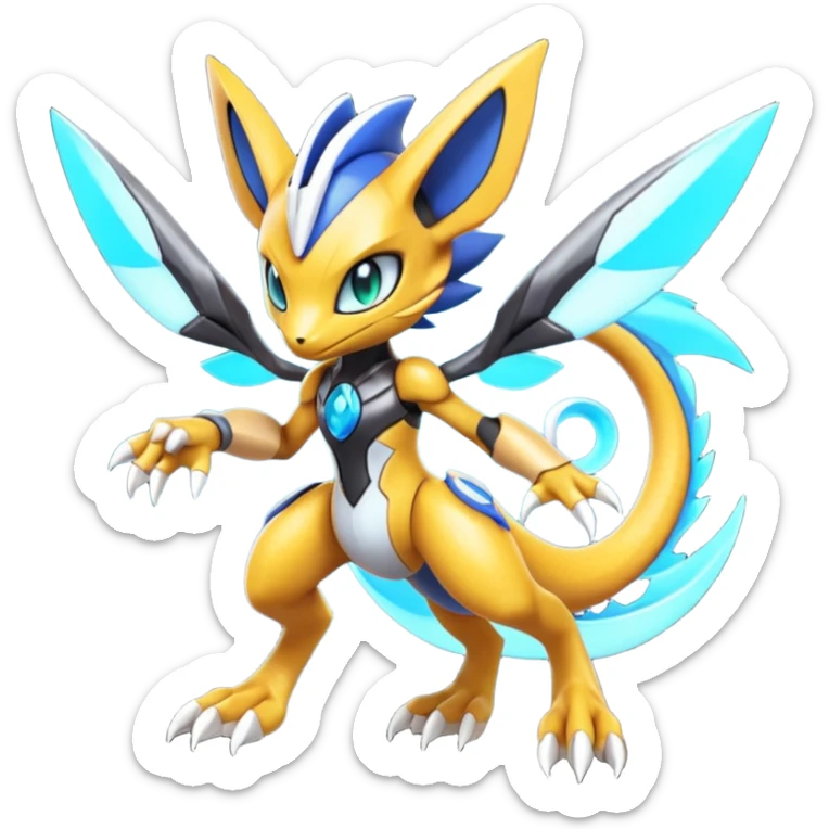 Modern Futuristic Cyber-Meloetta-Greymon-Inteleon-Greninja-Pokémon-Digimon-Fakémon-fusion-hybrid-creature sticker
