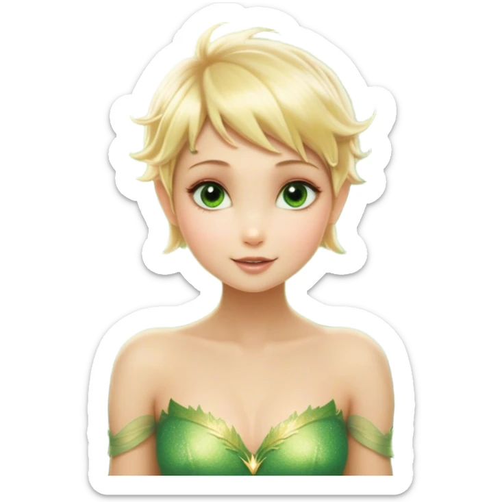 Cinematic Realistic Blonde Tinker Bell Fairy Portrait, depicted with lifelike, delicate skin glowing with a subtle radiant aura, soft natural lighting accentuating her gentle features, and intricately detailed golden blonde hair styled in a whimsical pixie cut. Her iridescent, translucent wings shimmer with delicate fairy dust, and her expressive, sparkling eyes reflect a world of magic. Adorned in a subtle blend of woodland greens and soft pastel accents, the portrait exudes an enchanting glow that seamlessly merges realism with fairy charm. sticker