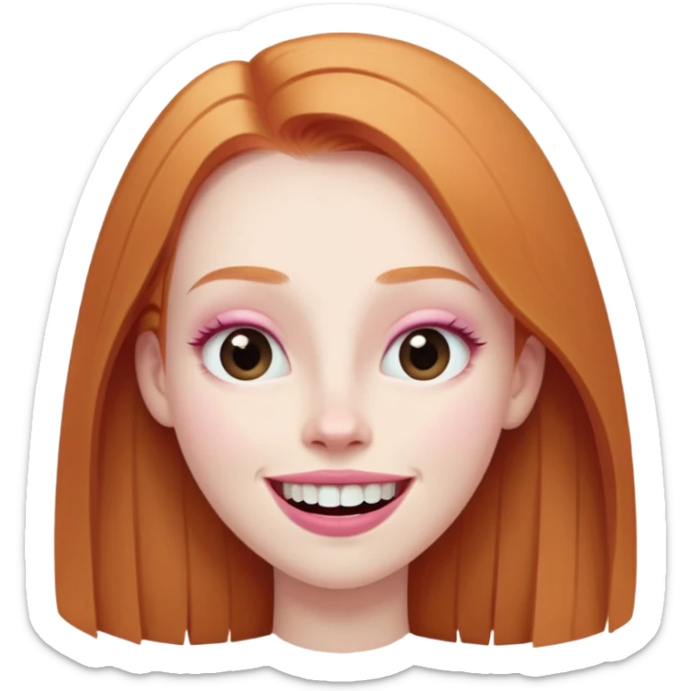 traditional emoji of young girl with very pale skin, long straight muted ginger hair, elongated oval face, bigger human-like eyes positioned close together, fuller thick eyebrows, wide nose, very large full pink lips with a big smile showing extremely large and prominent teeth, less intense expression sticker