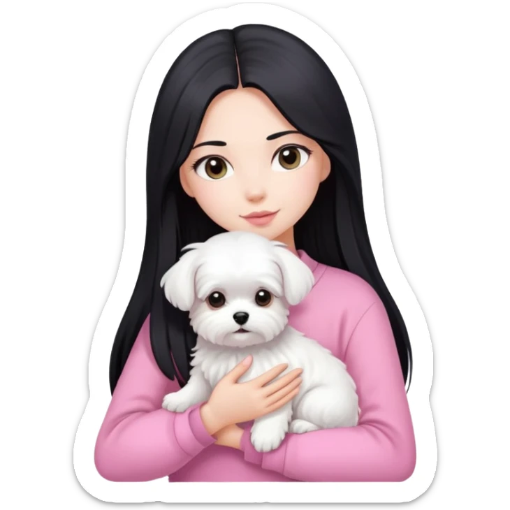 Beautiful girl with long straight black hair, fair skin, wearing pink clothes, holding a pure white fluffy Maltese dog sticker