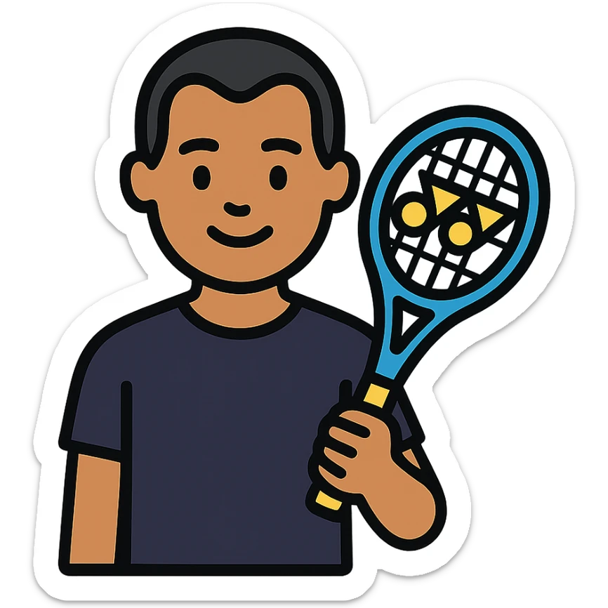 light brown skinned male tennis coach, short straight black hair with widow's peak, oval face, small eyes, smiling, holding blue Yonex tennis racket, wearing dark navy blue dry fit shirt sticker