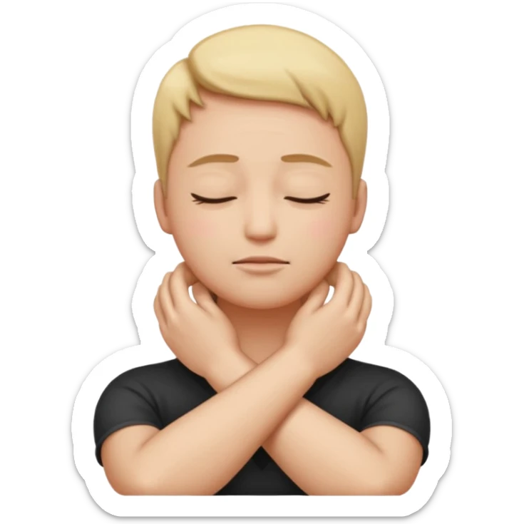person with arms crossed holding their neck eyes closed emoji sticker