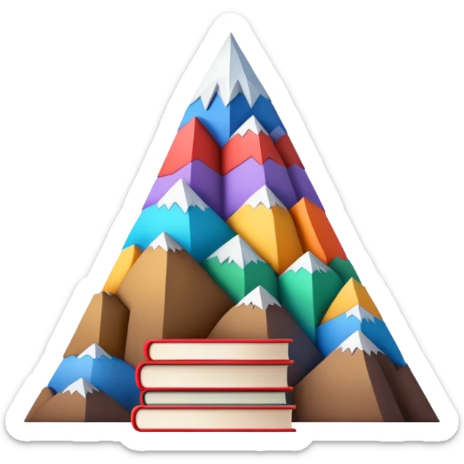 A tall mountain made of stacked books of different colors and sizes sticker