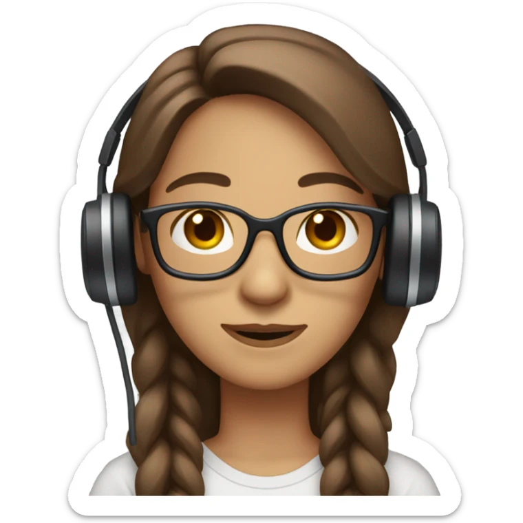 straight long brown hair, middle part, brown eyes, big glasses, and headset sticker