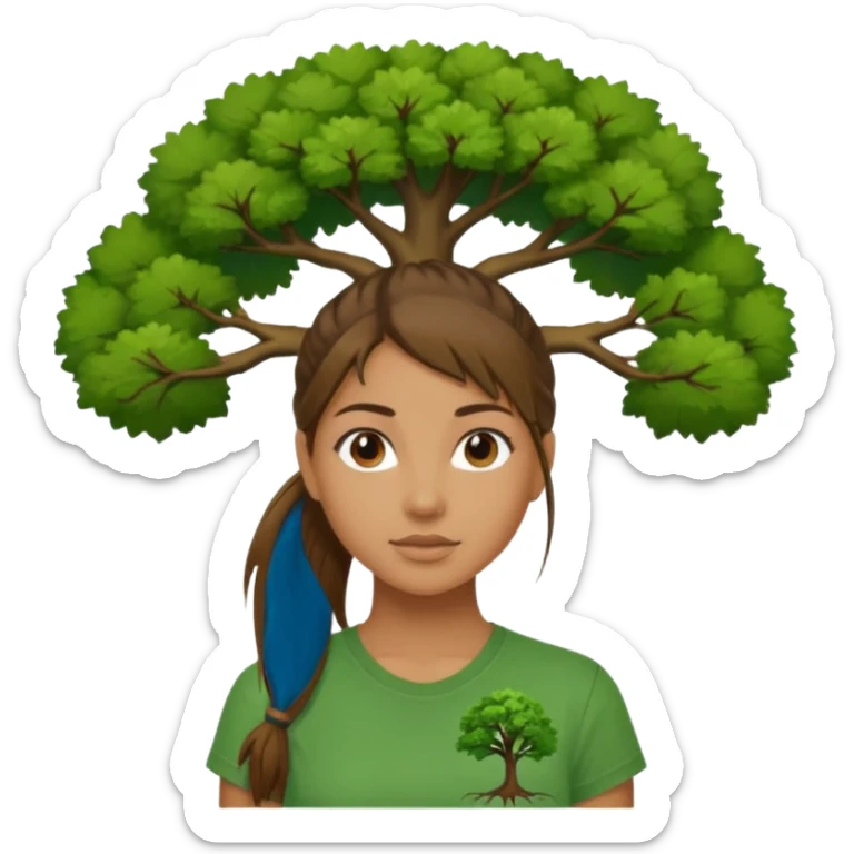 Make a zumba coach emoji, brown eyes, brown hair girl, green shirt with the "the roots" on it, longer pony tail hair, add tree logo on to the green shirt sticker