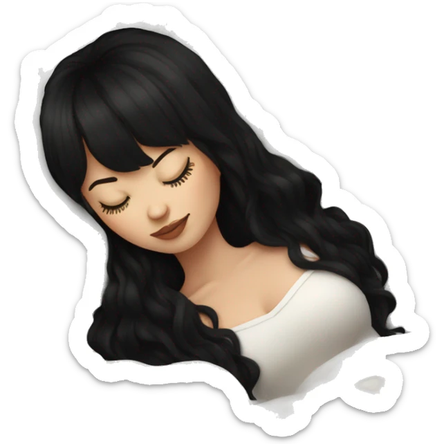 Woman pale skin black hair with bangs sleeping in bed with pillow, white woman sticker