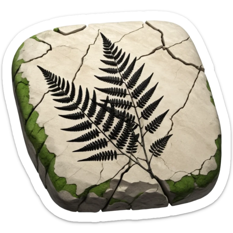 3D render of Fern Imprint, embedded in a chunk of rough sedimentary rock, cracked stone texture, ancient fossil aesthetic, black carbon imprint on a white limestone rock, matte dry finish, Apple emoji style, isolated on white background --v 6.0 sticker