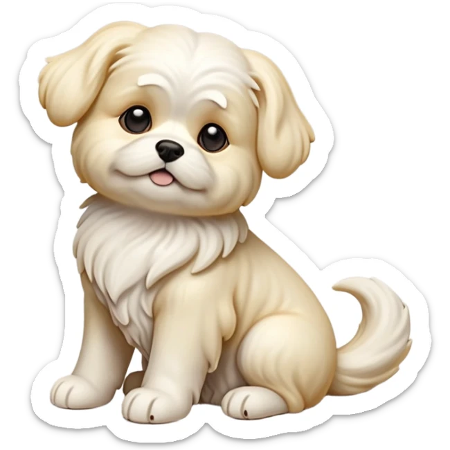 detailed-[Maltese dog]-realistic-full-body-sitting-emoji,-tail-resting-loosely-beside-its-paws,-head-tilted-dramatically, -wavy-[cream white]-fur,-simplified-yet-realistic-focused-features,-highly-detailed,-glowing-with-an-almost-sarcastic-glow sticker