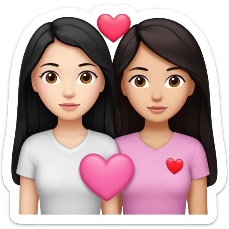 Dos mujeres juntas que una sea de color trigueña y de color blanca, cabello largo negro sea la de piel blanca y la de piel trigueña cabello castaño raya en medio, tengan polo blanco y tengan un corazon rosado arriba sticker