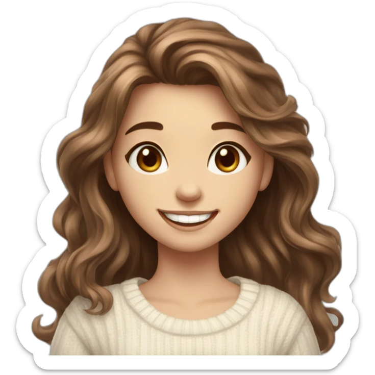 beautiful girl, white, with long loose wavy hair, brown hair, brown eyes, smiling, good teeth, white sweater, she waves her hand, realistic drawing sticker