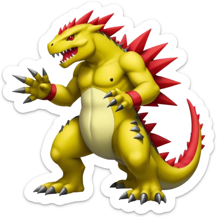 Cool edgy shiny Guilmon-Tyranitar-Drudigon-Digimon-hybrid-fusion, yellow belly, full body sticker