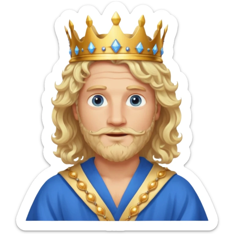 1 Middle-aged white king, 40 years old, blond hair, blond beard, long curly hair, blue eyes, kind and benevolent vibe, gentle smile, wearing a crown and blue robe emoj sticker