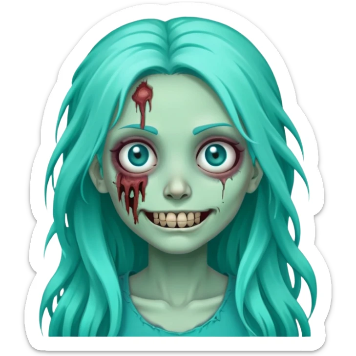 zombie girl with long turquoise hair, one eye missing, creepy smile, cute undead character sticker