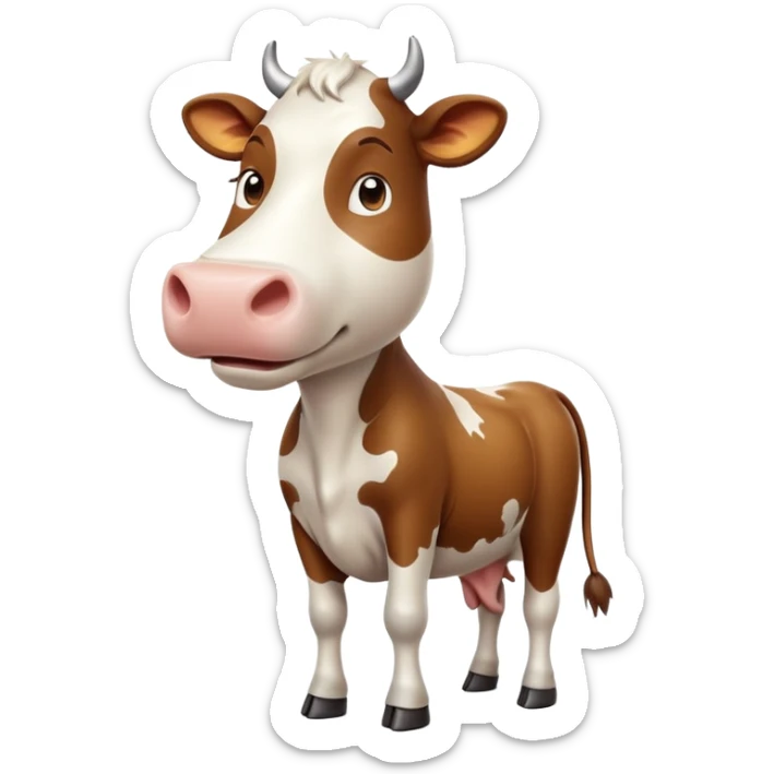 cinematic-[brown and white cow]-realistic-full-body-standing-emoji,-tail-flicking-lazily,-head-tilted-dramatically,-sleek-[brown and white]-coat,-simplified-yet-realistic-focused-features,-highly-detailed,-glowing-with-an-almost-sarcastic-glow sticker