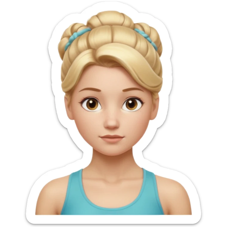 Cinematic Realistic Workout Girl Portrait, depicted with lifelike skin texture, subtle rosy undertones, and soft natural lighting that enhances the gentle contours of her face. Her intricately detailed golden blonde hair is elegantly styled in an updo, sticker