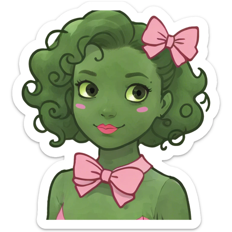 White girl with brown hair that is curly with a pink bow and pink dress sticker