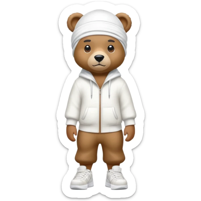 Complete full-body view of a bear wearing a white durag and stylish urban sneakers, showing from head to toe sticker