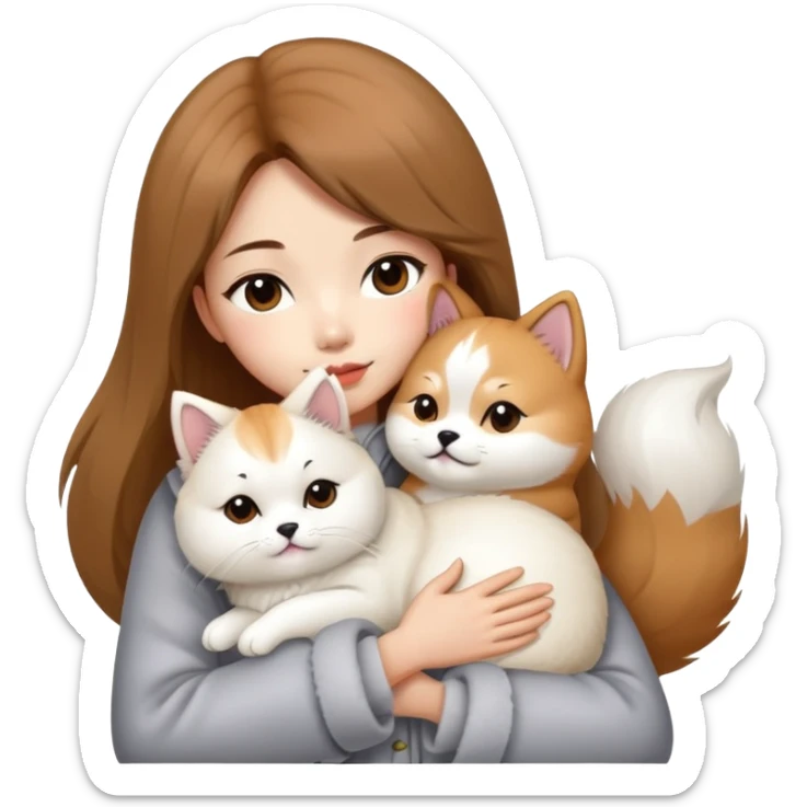 A Chinese fashion pretty girl with brown hair, wearing a light gray fur coat, hugging a Shiba Inu and a long-haired white Persian cat. sticker