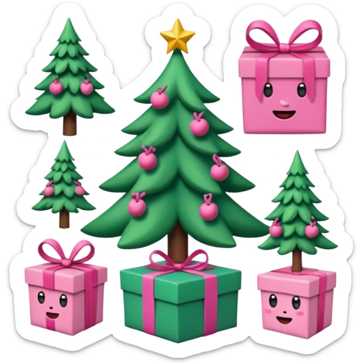 emojis estilo pixar de la cara de santa, arbolito rosa, reno, lazo coquet,bastones rosa, caja de regalo rosa, arbolito verde con bambalinas rosa sticker