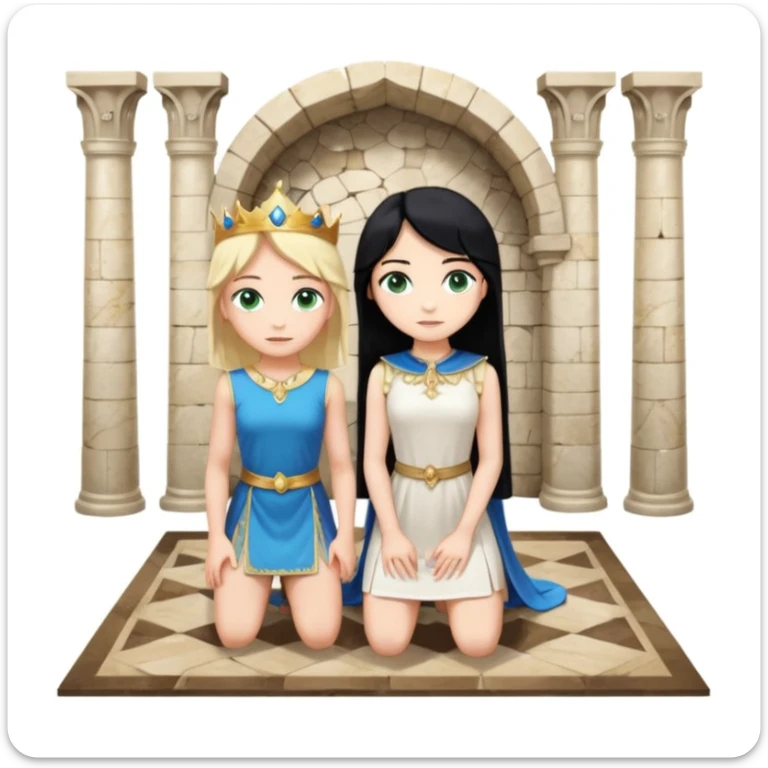 King, standing, black Hair, blue eyes, female servant, blonde, green eyes, shott white sleveless dress, kneeling, background palace sticker