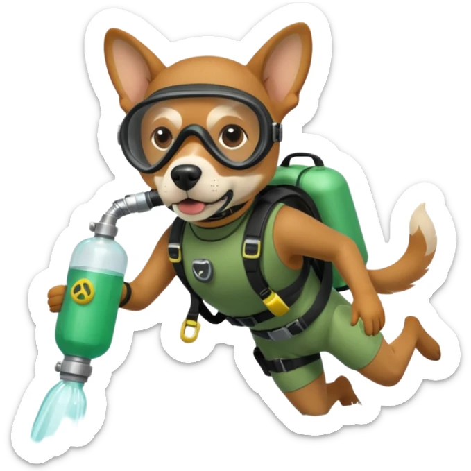 dog wearing scuba green gear dive into the sea with diver mask and oxygen tank sticker