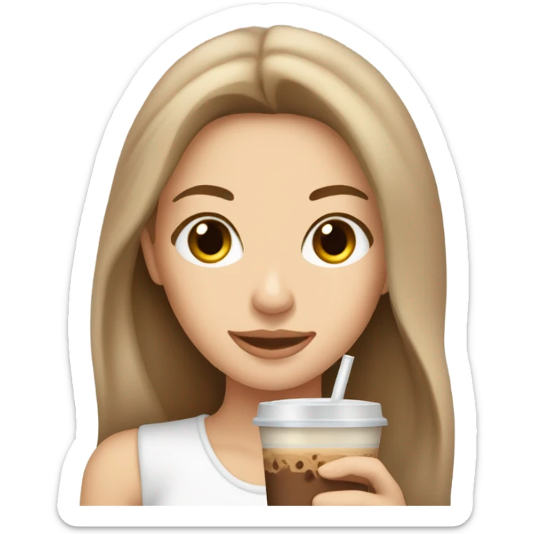 Beautiful white woman, long light brown hair, brown eyes, cozy holding an iced coffee sticker