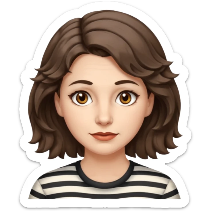 fair-skinned caucasian woman, 40s, chin-length rather wavy/unruly brown-ish hair with some white stripes (wolf haircut), hazel eyes. no glasses sticker