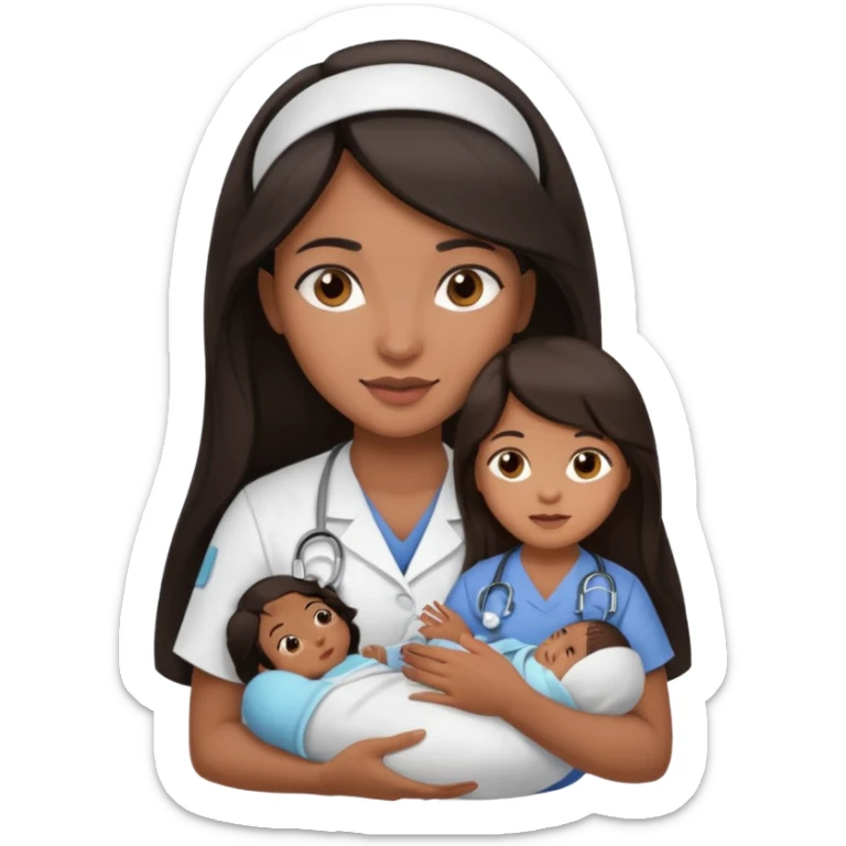 Female nurse with long dark hair with medium brown skin and brown eyes holding a baby sticker