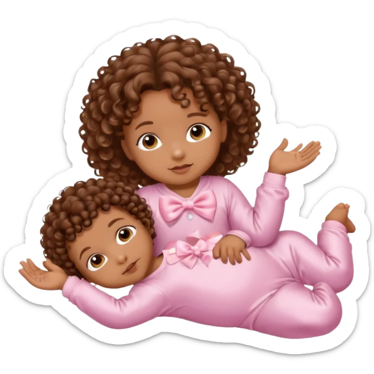Brown skin 6 month old baby with brown curly hair down laying down with satin baby pink onesie and white bow sticker