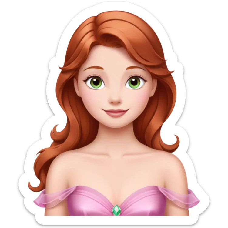Cinematic Radiant Sleeping Beauty Portrait Emoji, rendered in a realistic, vector style with clean proportions. Show Aurora with a gentle smile, porcelain skin, and beautifully styled auburn hair, wearing her classic pink gown. The image glows with a soft, inviting radiance and high shine, accentuated by a soft glowing outline that enhances her graceful charm. sticker