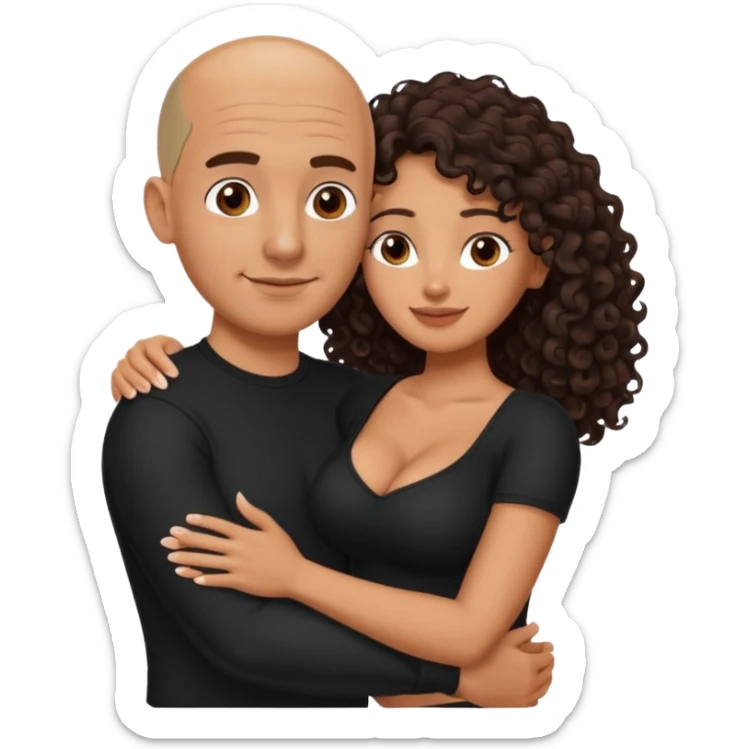 A picture of an embracing tanned couple. the man is a Mexican man with tanned skin, with a bald hair cut, and wearing a black shirt. the woman is mixed, glasses,  with long curly dark brown hair and with big boobs. Remove the glasses from the man sticker