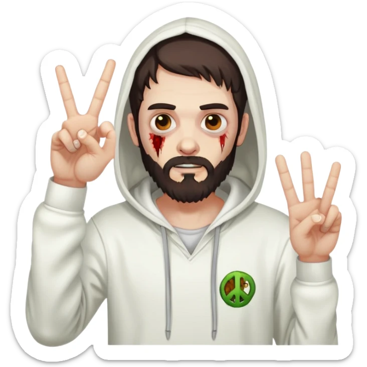 zombie with peace sign gesture wearing white hoodie, with dark brown hair and short full beard sticker