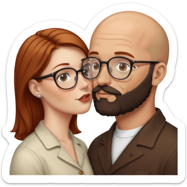 Couple. Bald man with dark brown-black beard. White woman with many small, faded freckles, she has white skin and she has auburn-brown-cinnamon, dark long hair. She has light brown eyes. The man have hazel eyes and glasses. Retro style. She kisses him. sticker