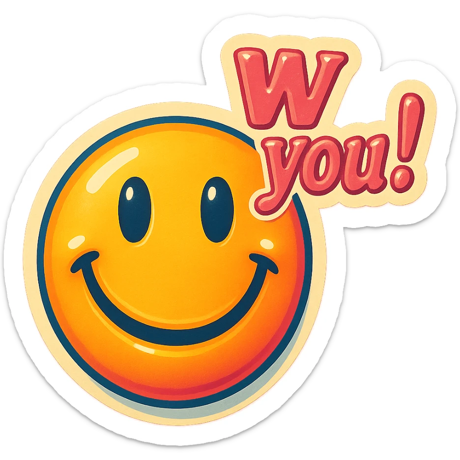 excited smile with mouth closed 
add the words W You! in pink sticker