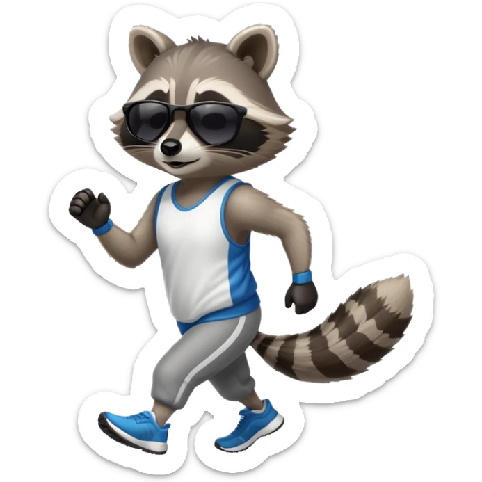 friendly anthropomorphised raccoon in sports wear, wearing dark sunglasses, jogging upright in relaxed pose sticker