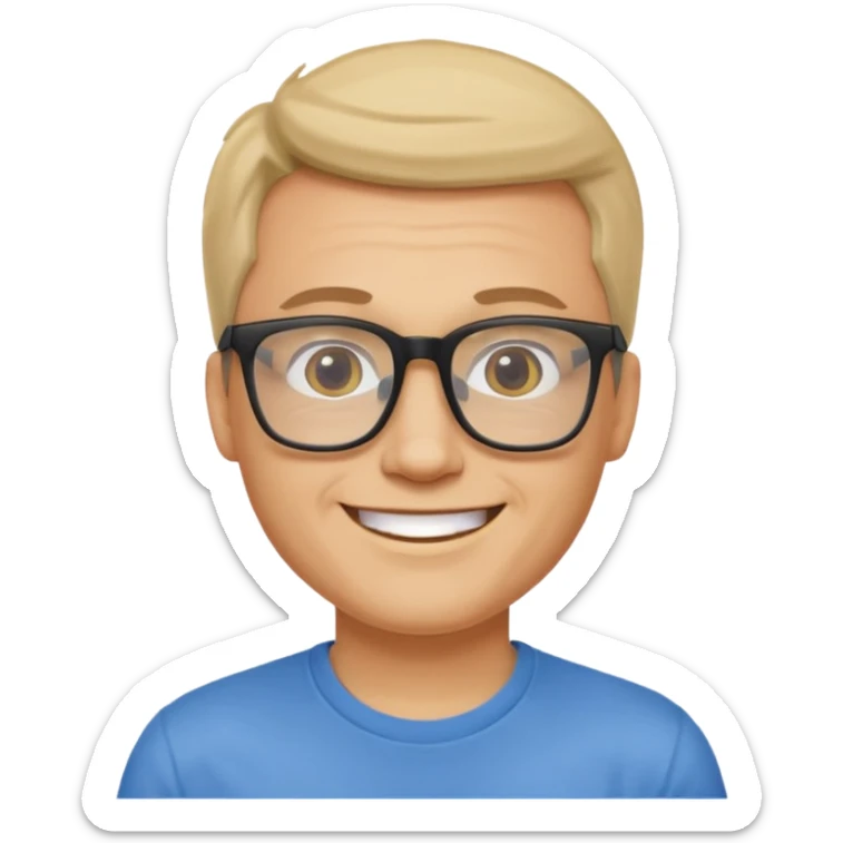 portrait of adult man, wearing a t-shirt, square glasses, smiling face sticker