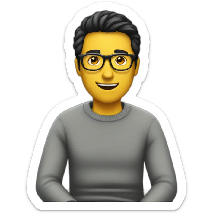 White man with yellow tinted glasses and black hair in a gray jumper and sitting on a chair sticker