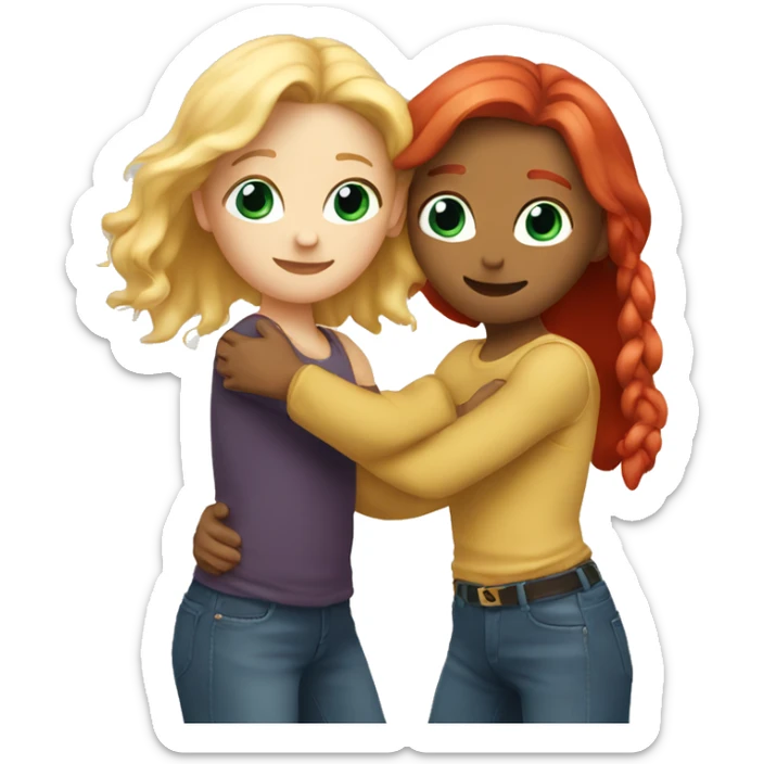 Two white best friends hugging. One has blonde hair and the other has red hair  sticker