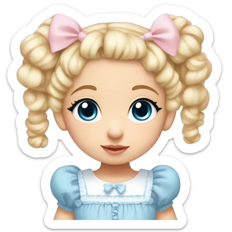 toddler girl with brown eyes and blonde curly hair in two pigtails wearing a baby blue lolita dress with baby pink hair bows sticker