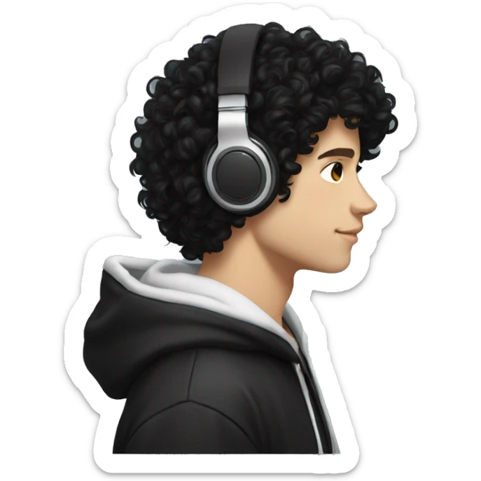 super curly long black hair, white skin teen boy, black hoodie, headphones on neck, profile photo sticker