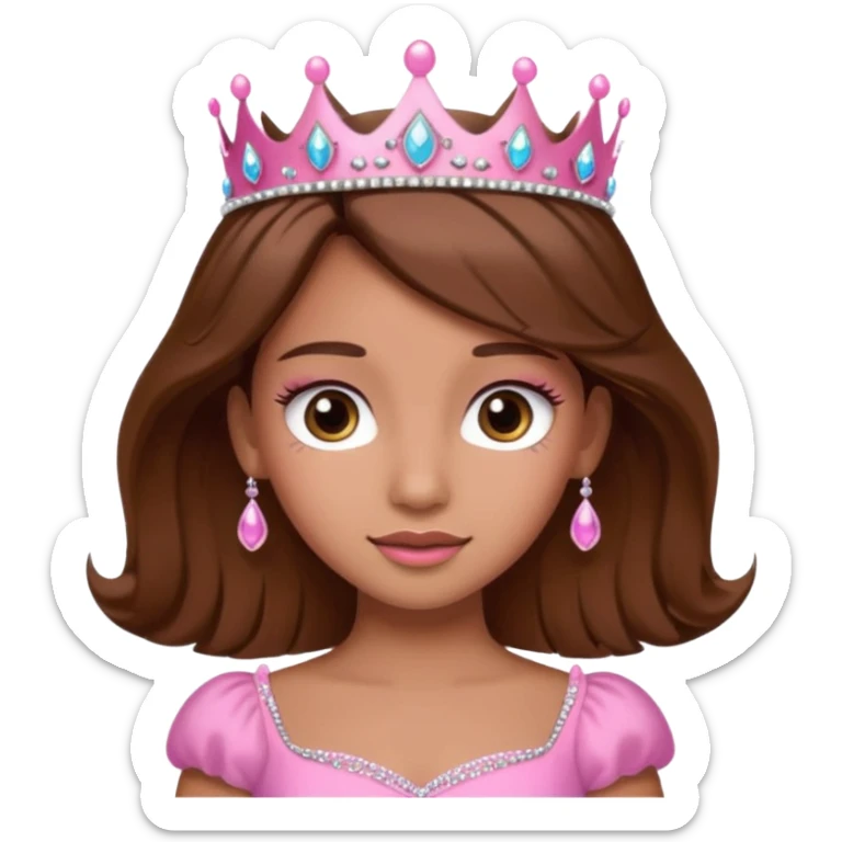A pretty princess emoji with eye lashes, tan skin and brown hair with a pink dress and tiara  sticker