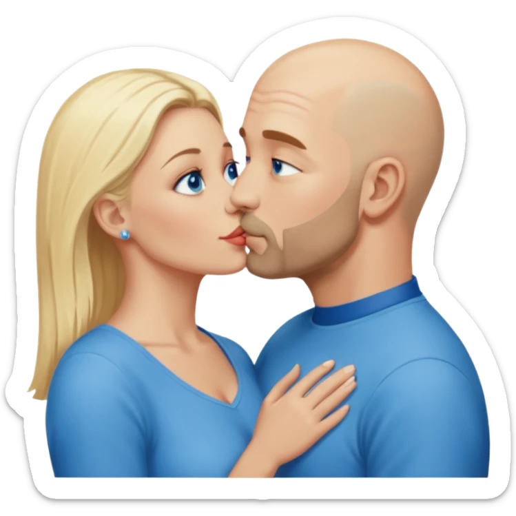 middle age bald man with scruff, blue eyes a.  Kissing blonde woman with blue eyes sticker