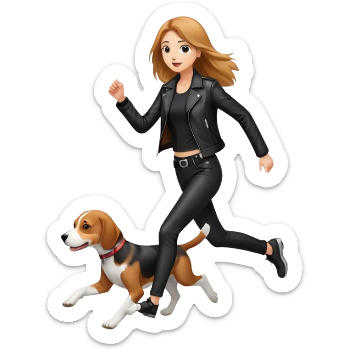 A beautiful tall girl with fair skin and long hair wearing a black leather jacket and black pants running with Beagle sticker